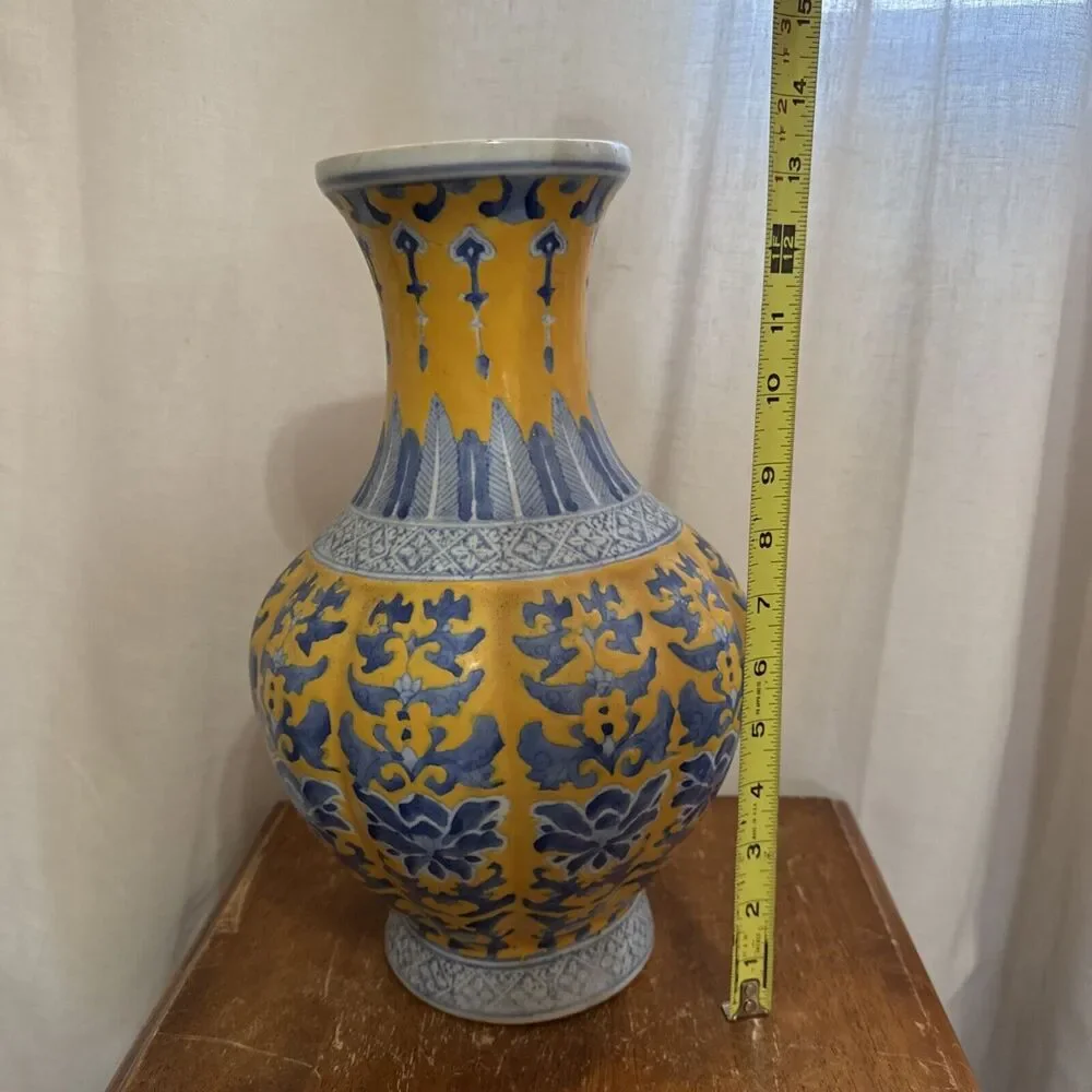 14” Qianlong Style Blue White Yellow Glaze‎ Porcelain Flower Zun Bottle Vase VTG